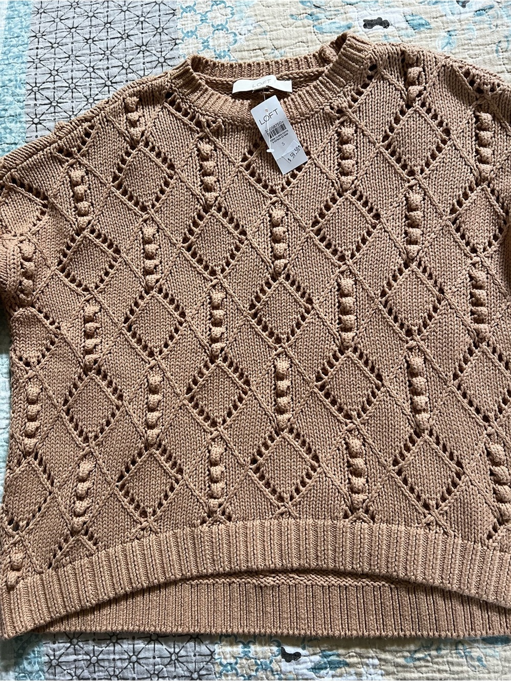 LOFT Women's Crochet Diamond Knit Sweater - Camel size S